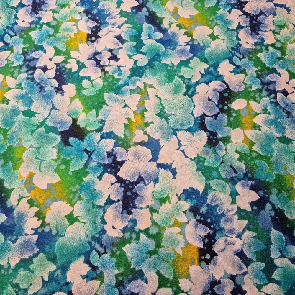 Hollytex Cotton Fabric Green Blue Aqua Floral Print 2 Yards Watercolor